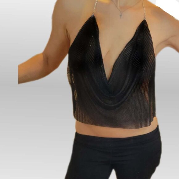 ✨🎉Black Metal Chain Sparkly Draped Jeweled Party Going out Cropped Top🎉✨ - Picture 7 of 8